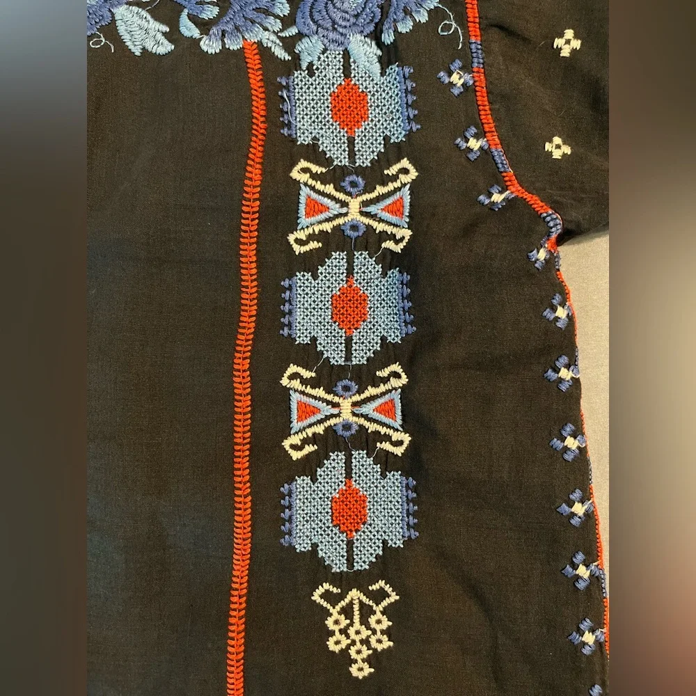 Johnny Was Black Zelda Mexican Peasant Blouse with Blue/Red Embroidery Small - Picture 8 of 15